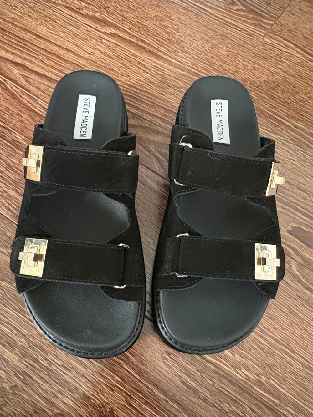Steve Madden Black Suede Double Strap Slide Sandals with Gold Buckles - Picture 2 of 12